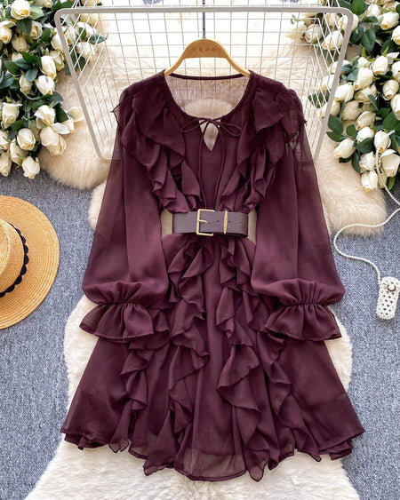 Kara Ruffle Mini Dress With Belt - flat-lay shot, burgundy - Miss Mosa By Akanksha