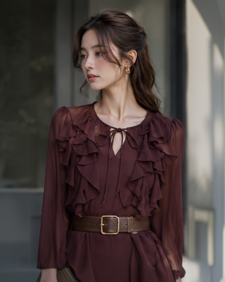 Kara Ruffle Mini Dress With Belt - front close-up shot, burgundy - Miss Mosa By Akanksha