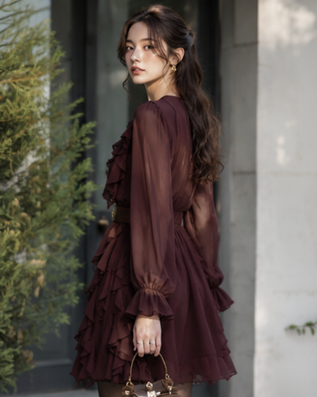 Kara Ruffle Mini Dress With Belt - side shot, burgundy - Miss Mosa By Akanksha