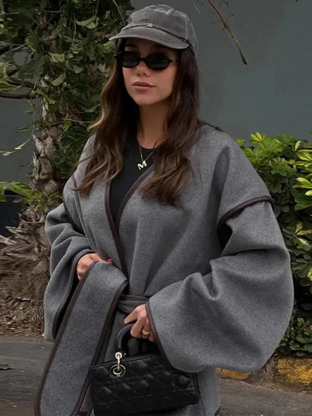 Kara Statement Woolen Overcoat with Belt In Grey - front shot on model outdoors - Miss Mosa By Akanksha