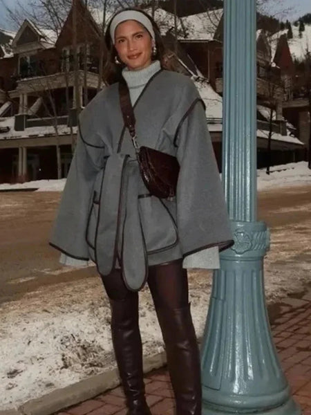 Kara Statement Woolen Overcoat with Belt In Grey - full-length front shot on model outdoors - Miss Mosa By Akanksha