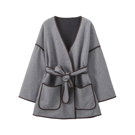 Kara Statement Woolen Overcoat with Belt In Grey - front shot on hanger - Miss Mosa By Akanksha