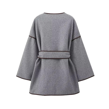 Kara Statement Woolen Overcoat with Belt In Grey - back shot on hanger - Miss Mosa By Akanksha