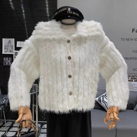 Kaya Cute Woolen Fur Sweater with Buttons - front shot on mannequin, white - Miss Mosa By Akanksha