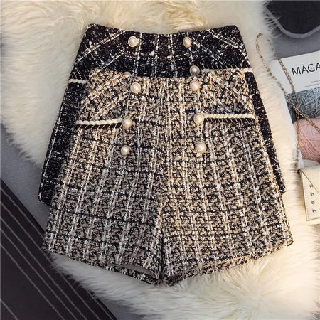 Kaya Premium Tweed Shorts with Buttons - flat-lay shot of two shorts, black and beige - Miss Mosa By Akanksha