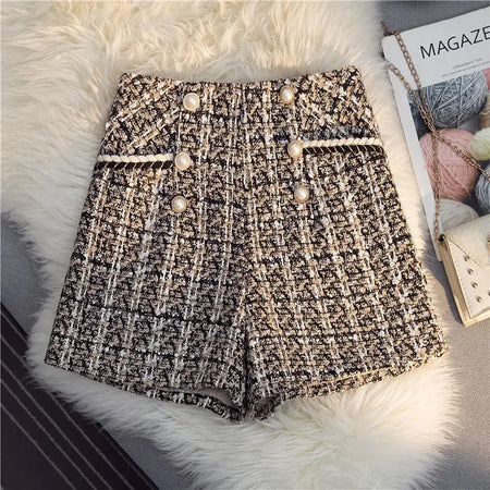 Kaya Premium Tweed Shorts with Buttons - flat-lay shot of shorts, beige - Miss Mosa By Akanksha