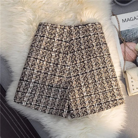 Kaya Premium Tweed Shorts with Buttons - flat-lay shot of shorts, beige - Miss Mosa By Akanksha