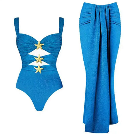Kaylee Swimsuit With Skirt In Royal Blue - flat product shot of swimsuit and skirt set - Miss Mosa By Akanksha