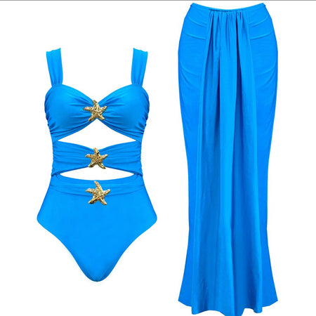 Kaylee Swimsuit With Skirt In Royal Blue - flat product shot of swimsuit and skirt set - Miss Mosa By Akanksha