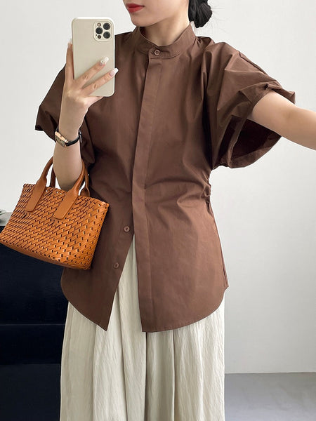 Kayno Statement Formal Shirt In Brown - front mirror selfie shot on model holding bag - Miss Mosa By Akanksha