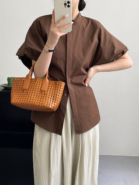 Kayno Statement Formal Shirt In Brown - front shot on model holding bag - Miss Mosa By Akanksha