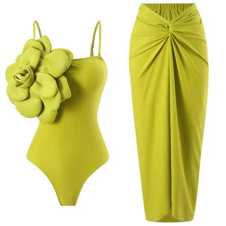 Kelly Rosette Swimsuit With Skirt In Neon - flat-lay product shot of swimsuit and skirt, lime green - Miss Mosa By Akanksha