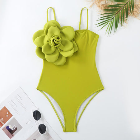 Kelly Rosette Swimsuit With Skirt In Neon - flat-lay product shot of swimsuit, lime green - Miss Mosa By Akanksha