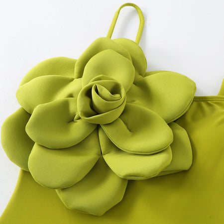 Kelly Rosette Swimsuit With Skirt In Neon - close-up of rosette flower detail, lime green - Miss Mosa By Akanksha