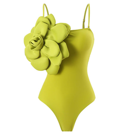 Kelly Rosette Swimsuit With Skirt In Neon - flat-lay product shot of swimsuit, lime green - Miss Mosa By Akanksha