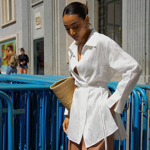 Kennet Statement White Shirt - front shot on model, white - Miss Mosa By Akanksha