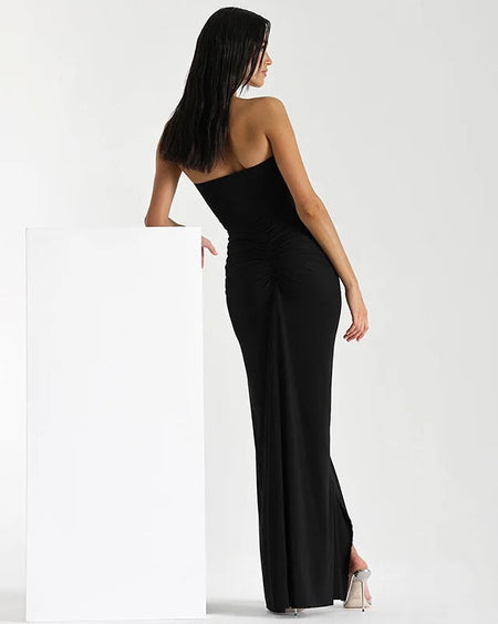 Keya Bodycon Midi Dress with Ruffle - back shot on model, black - Miss Mosa By Akanksha