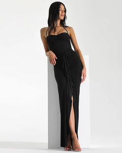 Keya Bodycon Midi Dress with Ruffle - front shot on model, black - Miss Mosa By Akanksha