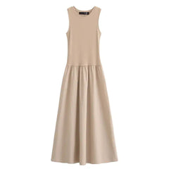 Keya Drop Waist Midi Dress - front shot on mannequin, beige - Miss Mosa By Akanksha