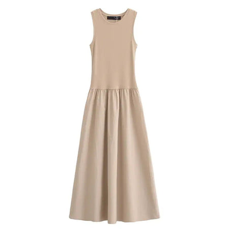 Keya Drop Waist Midi Dress - front shot on mannequin, beige - Miss Mosa By Akanksha