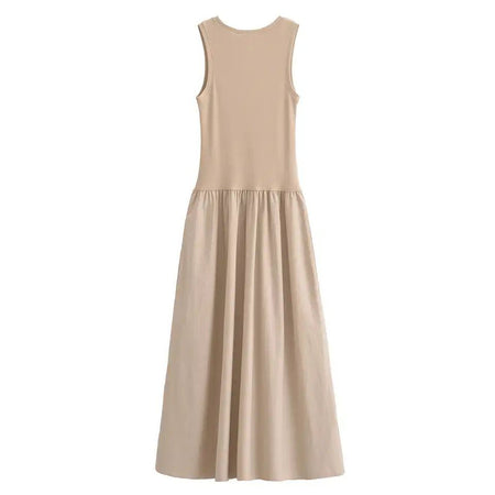Keya Drop Waist Midi Dress - back shot on mannequin, beige - Miss Mosa By Akanksha