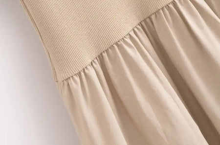 Keya Drop Waist Midi Dress - close-up of drop waist seam, beige - Miss Mosa By Akanksha