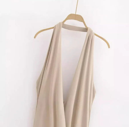 Kia Halterneck Maxi Dress In Beige - front shot on hanger - Miss Mosa By Akanksha