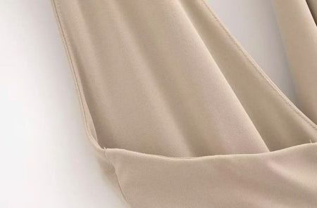 Kia Halterneck Maxi Dress In Beige - close-up of draped neckline - Miss Mosa By Akanksha