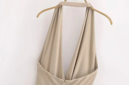 Kia Halterneck Maxi Dress In Beige - back shot on hanger - Miss Mosa By Akanksha