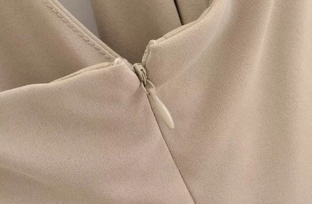 Kia Halterneck Maxi Dress In Beige - close-up of back zip - Miss Mosa By Akanksha