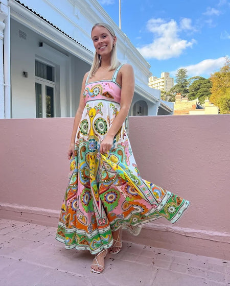 Kiala Printed Luxe Holiday Dress - full-length styling shot on model, multicolour - Miss Mosa By Akanksha