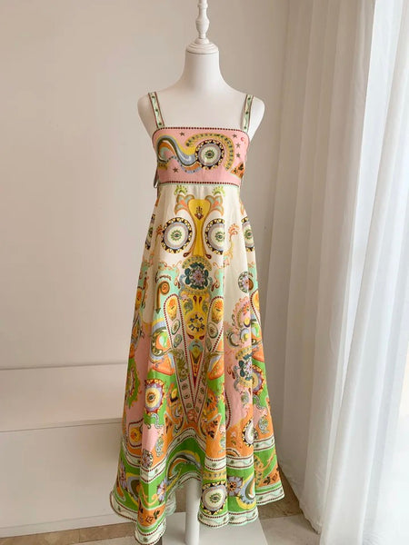 Kiala Printed Luxe Holiday Dress - front shot on mannequin, multicolour - Miss Mosa By Akanksha