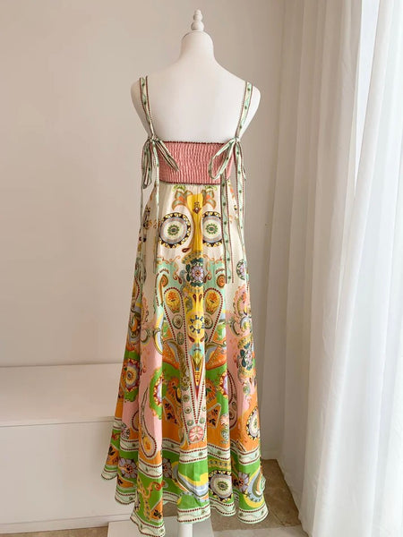 Kiala Printed Luxe Holiday Dress - back shot on mannequin, multicolour - Miss Mosa By Akanksha