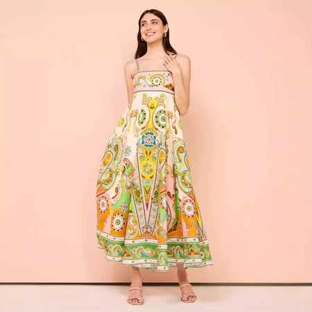 Kiala Printed Luxe Holiday Dress - full-length front shot on model, multicolour - Miss Mosa By Akanksha
