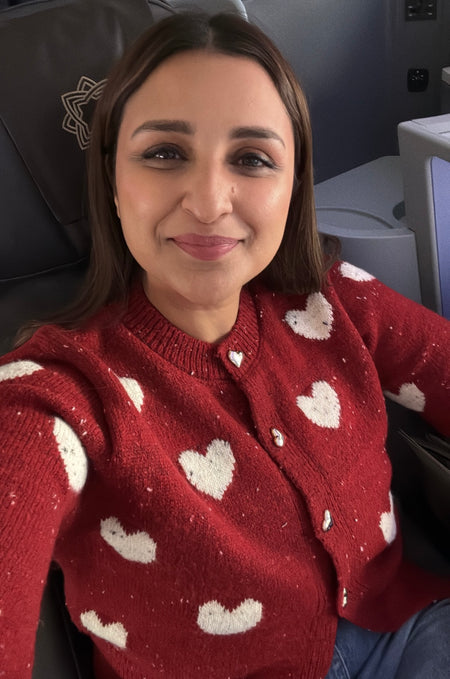 Kiana Cute Woolen Sweater with Heart Detail - close-up front shot on model, red - Miss Mosa By Akanksha