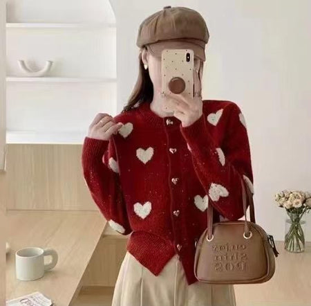 Kiana Cute Woolen Sweater with Heart Detail - front shot on model, red - Miss Mosa By Akanksha