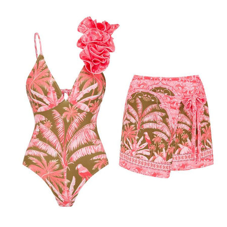Kiana Swimsuit With Skirt In Pink - flat-lay product shot of swimsuit and skirt - Miss Mosa By Akanksha