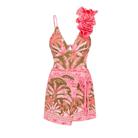 Kiana Swimsuit With Skirt In Pink - flat-lay product shot of swimsuit and skirt - Miss Mosa By Akanksha