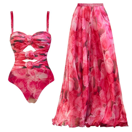 Kiara 3d Floral Swimsuit With Skirt In Pink - flat-lay product shot of swimsuit and skirt - Miss Mosa By Akanksha