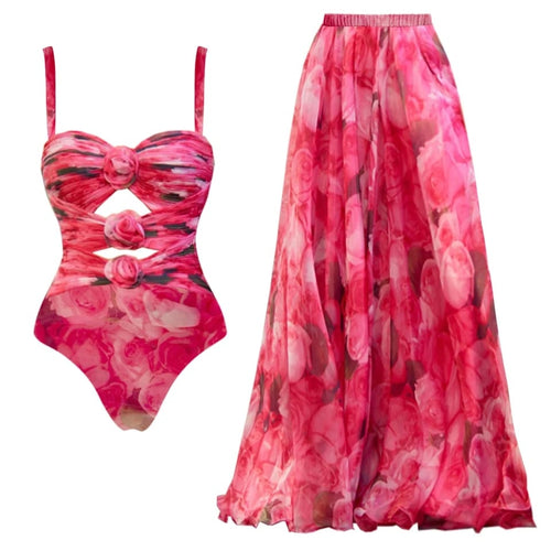 Kiara 3d Floral Swimsuit With Skirt In Pink