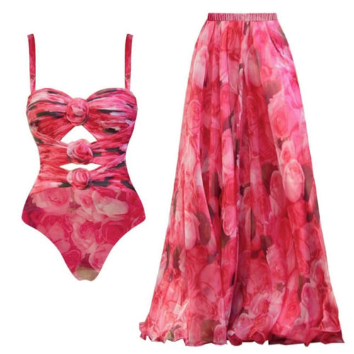 Kiara 3d Floral Swimsuit With Skirt In Pink