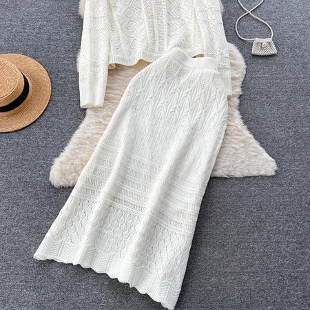 Kiley Knitted Premium Woolen Coord Set - close-up of knit skirt, cream - Miss Mosa By Akanksha