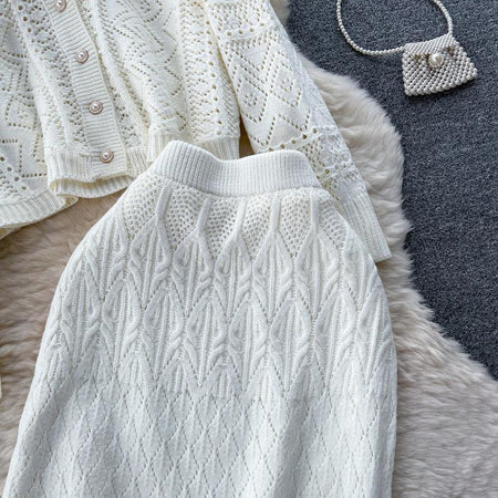 Kiley Knitted Premium Woolen Coord Set - close-up of knit detail, cream - Miss Mosa By Akanksha