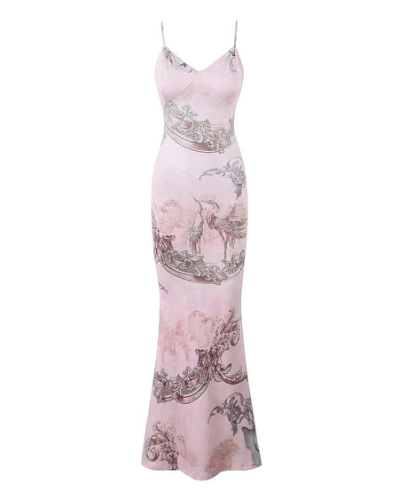 Kim Printed Maxi Dress - full-length packshot, blush pink baroque print with crane motif - Miss Mosa By Akanksha