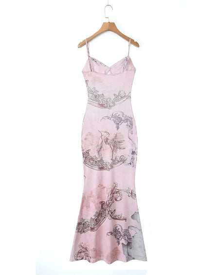 Kim Printed Maxi Dress - hanger packshot, blush pink baroque print with crane motif - Miss Mosa By Akanksha