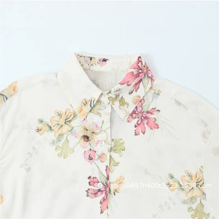 Klara Floral Shirt - three-quarter shot, ivory with blue floral print - Miss Mosa By Akanksha