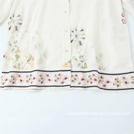 Klara Floral Shirt - full-length shot, ivory with blue floral print - Miss Mosa By Akanksha