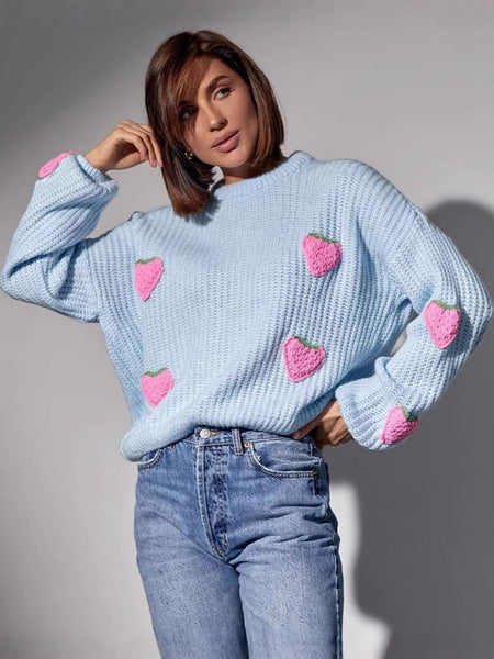 Koala Strawbery Oversized Sweater In Blue - front shot on model - Miss Mosa By Akanksha