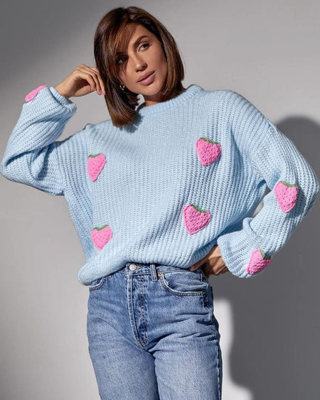Koala Strawbery Oversized Sweater In Blue - front shot on model - Miss Mosa By Akanksha
