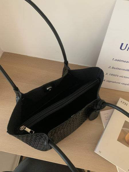 Koda Textured PU Tote Bag With Pouch - interior shot showing zip pocket, black - Miss Mosa By Akanksha